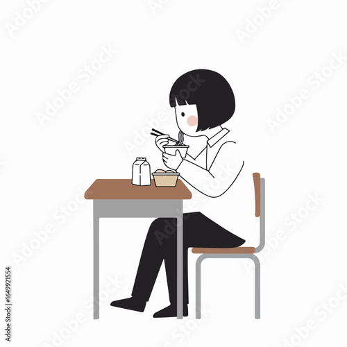Minimalist illustration of a person eating noodles with chopsticks at a desk, representing a quick meal or study break.