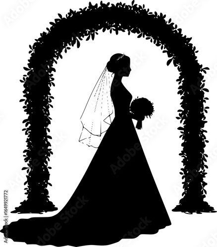 Serene Silhouette: A radiant bride stands before a breathtaking floral arch, embodying elegance and anticipation, with a design as timeless as the promise of forever.