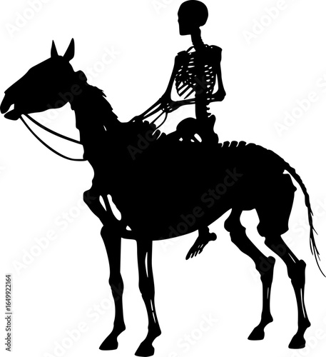 Skeleton man riding horse vector silhouette illustration isolated on white background 