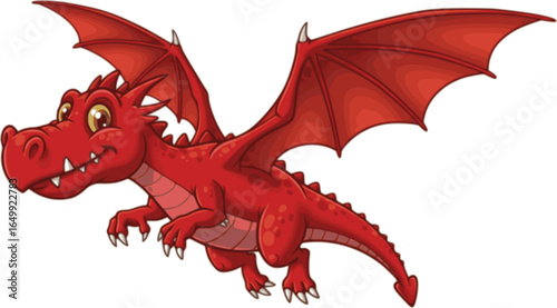 Fiery Flight: A charming, cartoon-style red dragon takes flight, its wings outstretched and claws extended, ready for adventure. Its expressive face adds a playful touch to this mythical creature. 