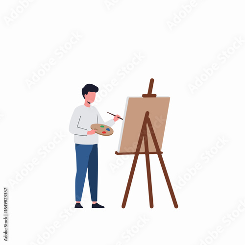 Flat vector illustration of a male artist painting on an easel, holding a palette and brush, depicting creativity and artistic hobby.