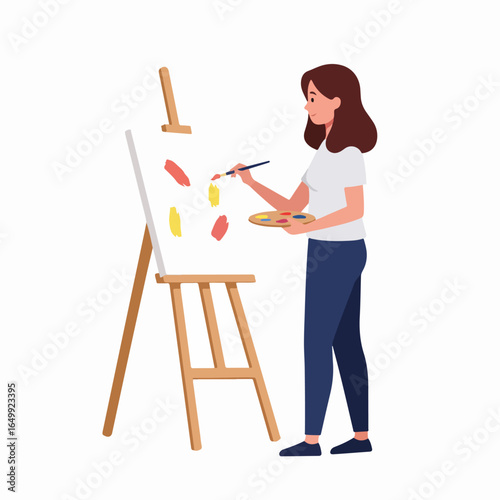 Woman artist painting on an easel with a brush and palette, creating colorful abstract art. Creative hobby or profession concept.