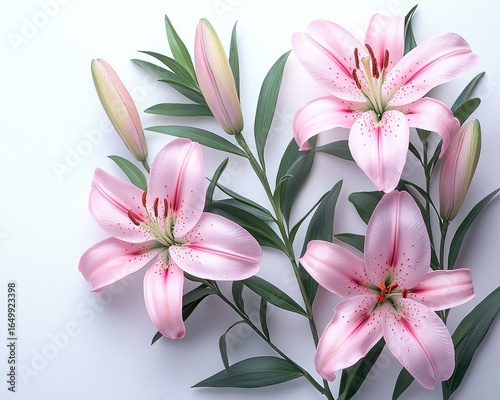 Pink lilies bloom alongside buds, complemented by verdant leaves against a clean white backdrop. Soft lighting highlights delicate petals and floral arrangements