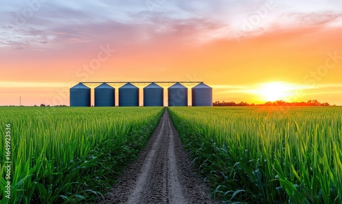 Rural landscape Grain silos in field, evening