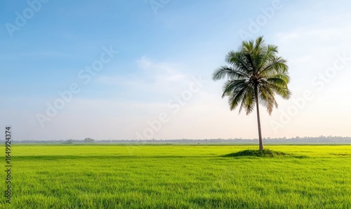 A solitary palm tree stands in a vibrant green field under a clear blue sky. Soft light bathes the scene, highlighting the freshness of the vegetation and the tranquility of the open space
