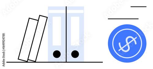 Folders arranged neatly alongside a dollar icon suggesting financial organization and business record management. Ideal for bookkeeping, accounting, budgeting, finance, office work, document