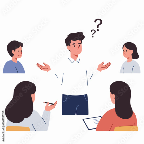 Confused man in a group discussion, surrounded by colleagues seeking solutions and clarity regarding a dilemma.