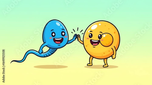 Animated sperm cell and egg with faces high fiving each other in a cartoon style perfect for health educational resources.