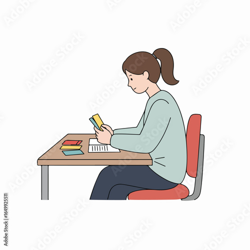 Young woman studying with flashcards at a desk, reviewing notes for learning and academic preparation, illustration.