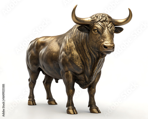Bronze bull statue standing powerfully against a plain white background in a studio setting
