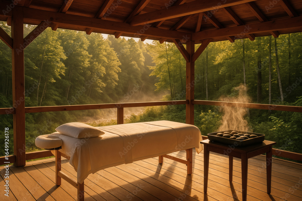 Fototapeta premium Spa Treatment Pavilion Amidst Lush Forest