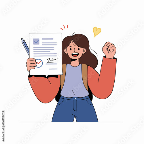 Happy young woman celebrating success, holding an approved document or contract with a pen, depicting achievement and good news.