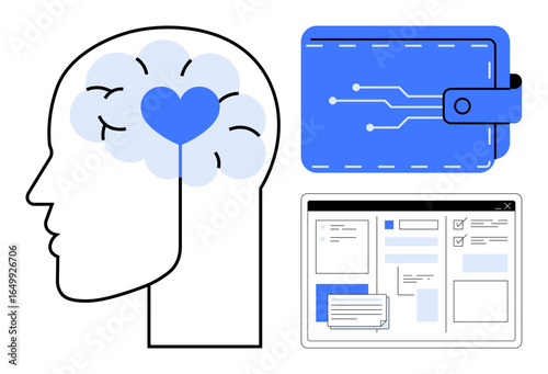 Head with brain and heart icon, digital wallet with circuits, and interface outline. Ideal for finance, technology, innovation, emotional intelligence, online services, personal development simple