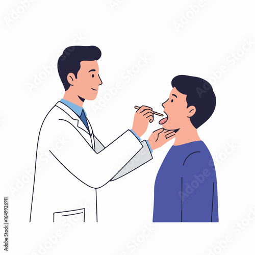 Doctor conducts oral examination with tongue depressor on male patient for medical check-up, healthcare illustration.