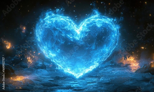 A glowing, vibrant blue heart of fire, set against a backdrop of dark, fiery rocks and embers