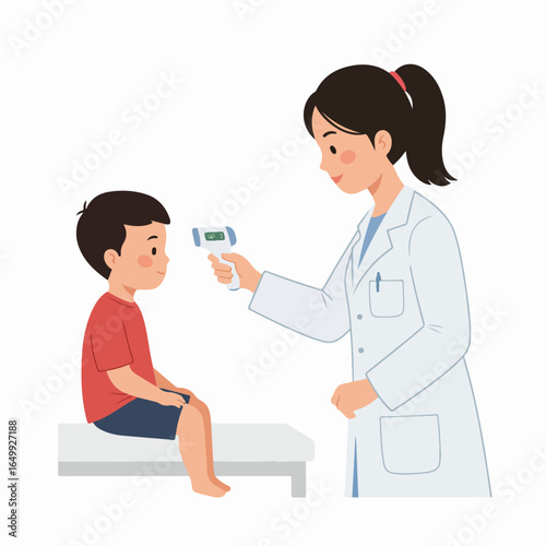 Female doctor using an infrared thermometer to check a young boy's temperature during a medical examination in a clinic.