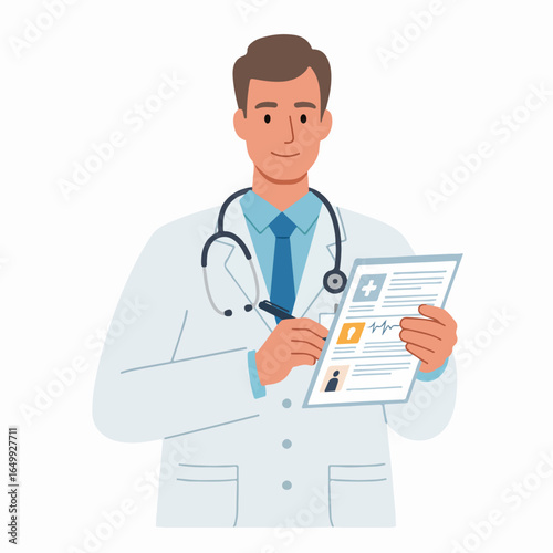Friendly male doctor with stethoscope reviewing patient medical record. Professional healthcare, consultation, and diagnosis services. Modern flat illustration.