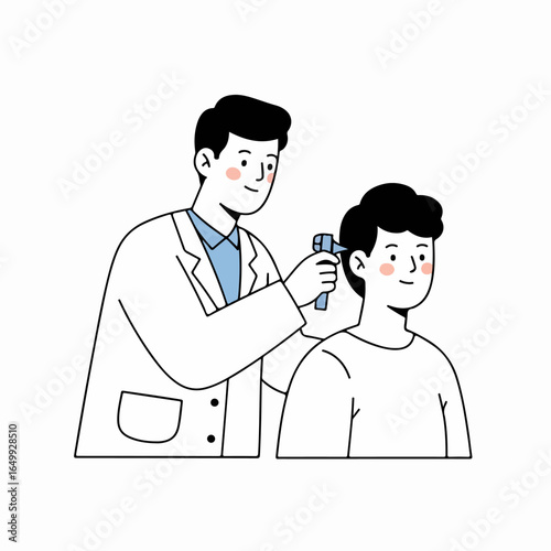 Friendly doctor examining patient's ear with an otoscope during a medical check-up, showcasing routine health and wellness care.