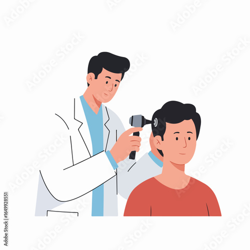 Male doctor performs an ear examination on a patient using an otoscope, illustrating audiology, hearing health, and medical check-ups.