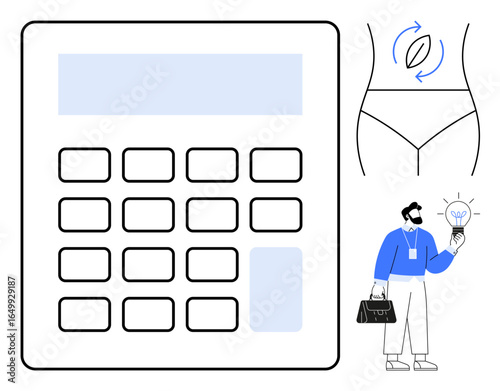 Large calculator, waistline outline with arrow for fitness, businessman holding lightbulb. Ideal for finance, innovation, health goals, productivity, problem-solving, wellness simple flat metaphor