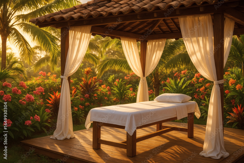 Fototapeta premium Serene Outdoor Massage Therapy Setting in Lush Tropical Paradise