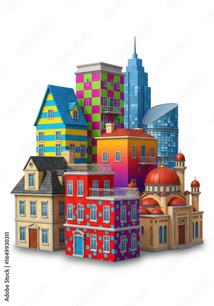 Naklejka premium Vibrant Urban Medley: A Whimsical Architectural Collage on White Background
