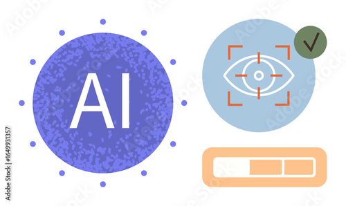 AI concept circle, eye inside recognition frame, progress bar, and checkmark. Ideal for technology, innovation, machine learning, computer vision, automation neural networks futuristic concepts