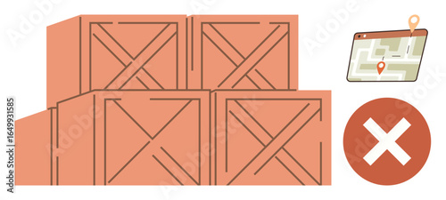 Stack of wooden boxes, digital map with location pins, and error mark suggesting a logistics problem. Ideal for supply chain, delivery, warehouse, inventory, shipping navigation bottlenecks. Simple