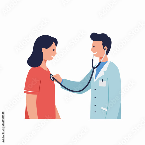 Doctor performing medical examination on smiling patient with stethoscope. Healthcare check-up and medical consultation illustration.