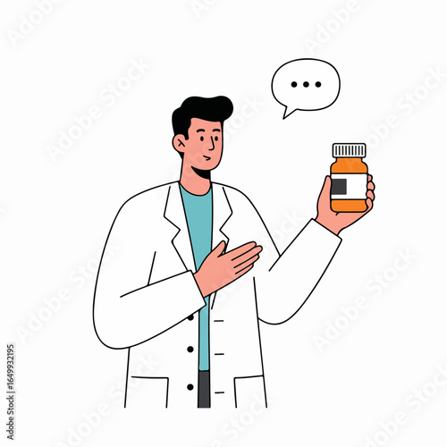 Medical Professional Explaining Medication. Doctor or Pharmacist Presenting Prescription Bottle with Speech Bubble. Healthcare and Pharmacy Concept Illustration.