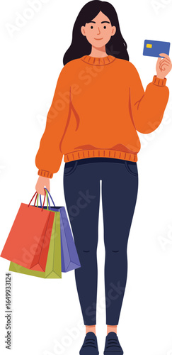 Woman holding credit card and colorful shopping bags in casual outfit standing front view vector illustration