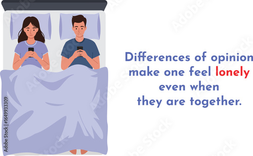 Couple lying in bed using smartphones showing loneliness and emotional disconnect despite togetherness vector illustration