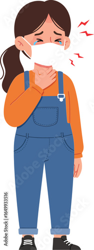 Girl wearing mask with sore throat symptoms coughing and feeling unwell vector illustration