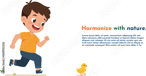 Happy boy running outdoors with small yellow chick and text about harmonizing with nature in colorful letters vector illustration