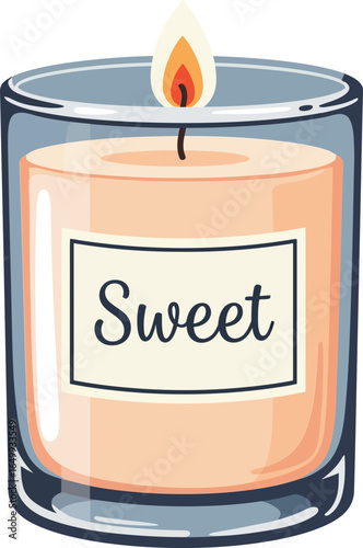 Sweet scented candle in glass container with burning flame for cozy atmosphere and home decoration vector illustration