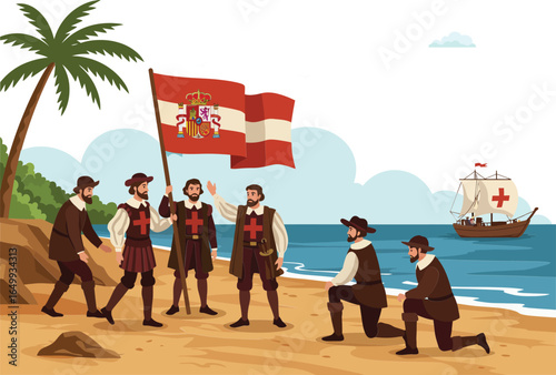 Spanish explorers arriving on tropical beach with historic flag and ship in the background vector illustration