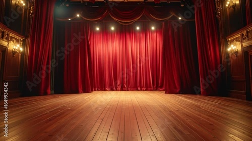 Empty Theater Stage with Red Velvet Curtains and Ornate Gold Trim in a Classical Interior with Wooden Flooring and Spotlights Ready for a Performance