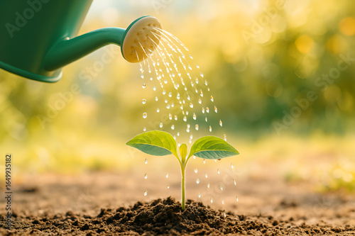 Kind gießt jungen Pflanzentrieb