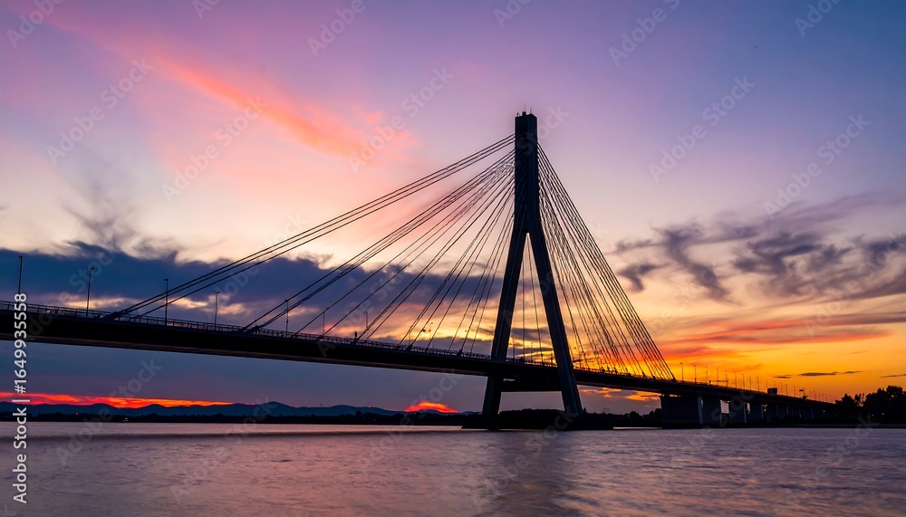 Obraz premium Silhouette of a cable-stayed bridge at sunset over a river.