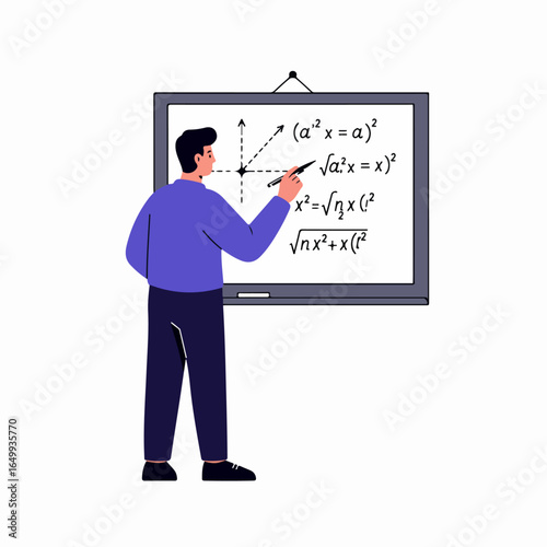 Illustration of a male teacher or student solving complex mathematical equations on a whiteboard during a lesson or study session.