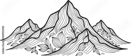 Ornate Hand-Sketched Mountain Peak with Leaves