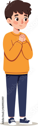 Young boy standing with clasped hands wearing orange sweater and blue pants vector illustration