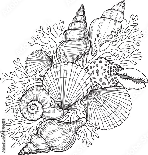 Vintage Hand-Sketched Seashell and Coral Composition