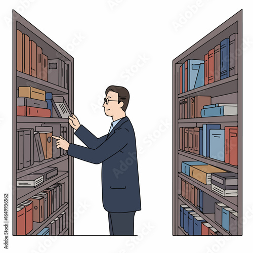Smiling man in glasses searching for a specific book on a well-stocked bookshelf in a library or archive setting.