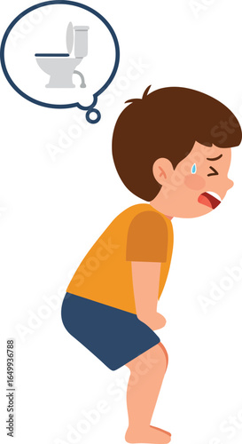 Child needing toilet urgently holding stomach with worried expression and sweat vector illustration