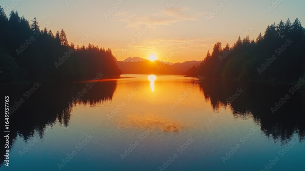 Fototapeta premium Sunrise sunset lake water reflection mountain forest tree nature landscape sky orange calm peace serene tranquility morning evening dawn dusk