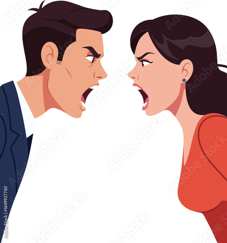 Angry man and woman shouting at each other in close-up confrontation vector illustration