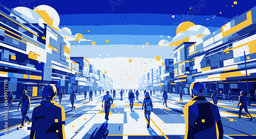 A stylized illustration of a crowd walking through a futuristic city with blue and yellow architecture toward a bright horizon.