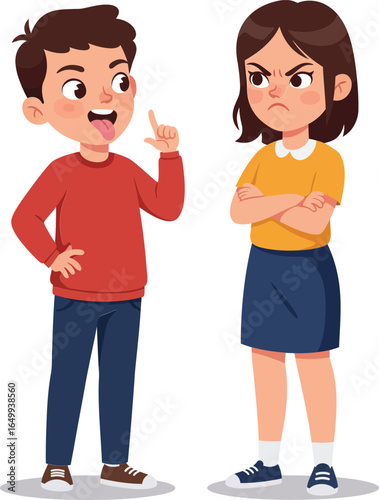 Two children arguing boy and girl conflict expression illustration in casual clothing vector