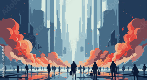 Dramatic scene of a crowd entering a towering futuristic city flanked by billowing orange smoke.